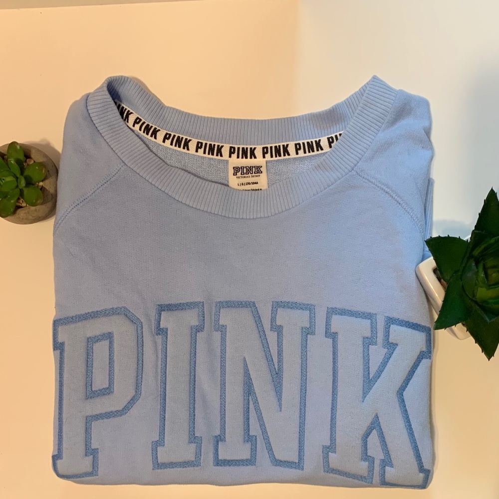 VICTORIA SECRET PINK PULLOVER CREWNECK LIGHT BLUE - Picture 2 of 3